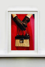 Load image into Gallery viewer, This stylish artwork, 'Floral Wicker Bag' taken at the glamorous retro event Goodwood Revival in Chichester, perfectly captures feminine sophistication with a vintage vibe.