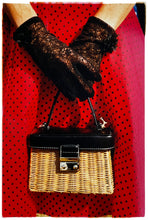 Load image into Gallery viewer, This stylish artwork, 'Floral Wicker Bag' taken at the glamorous retro event Goodwood Revival in Chichester, perfectly captures feminine sophistication with a vintage vibe.