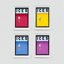 Load image into Gallery viewer, Set of four (2x2) white framed photographs by Richard Heeps.  Four identical photographs (apart from the block colour), at the top black letters spell out ICES and below is depicted a 99 icecream cone sitting left of centre set against, in turn, a raspberry, yellow, baby blue and plum coloured background.  