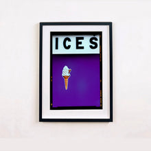 Load image into Gallery viewer, Black framed photograph by Richard Heeps.  At the top black letters spell out ICES and below is depicted a 99 icecream cone sitting left of centre against a purple coloured background.  