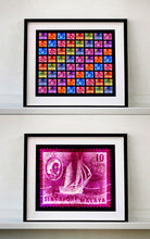 Load image into Gallery viewer, Singapore Stamp Collection 'Singapore Ship Sequence (8x8)'. These historic postage stamps that make up the Heidler &amp; Heeps Stamp Collection, Singapore Series 'Postcards from Afar' have been given a twenty-first century pop art lease of life. The fine detailed tapestry of the original small postage stamp has been brought to life, made unique by the franking stamp and Heidler &amp; Heeps specialist darkroom process.