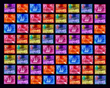 Load image into Gallery viewer, Singapore Stamp Collection 'Singapore Ship Sequence (8x8)'. These historic postage stamps that make up the Heidler &amp; Heeps Stamp Collection, Singapore Series 'Postcards from Afar' have been given a twenty-first century pop art lease of life. The fine detailed tapestry of the original small postage stamp has been brought to life, made unique by the franking stamp and Heidler &amp; Heeps specialist darkroom process.
