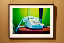 Load image into Gallery viewer, 'Telephone III, Ballantines Movie Colony' is part of Richard Heeps' 'Dream in Colour' series. This cool Palm Springs interior artwork features a vintage telephone on a nightstand, combining gorgeous colours with a nostalgic mid-century feel.