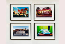 Load image into Gallery viewer, 'Telephone III, Ballantines Movie Colony' is part of Richard Heeps' 'Dream in Colour' series. This cool Palm Springs interior artwork features a vintage telephone on a nightstand, combining gorgeous colours with a nostalgic mid-century feel.