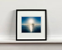 Load image into Gallery viewer, Towards Rock Hill, photographed by Richard in Bombay Beach, Salton Sea, California. The horizon intersected by sun rays, featuring a tree unexpectedly rising out of the lake gives this piece an ethereal quality. 