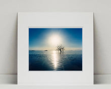 Load image into Gallery viewer, Towards Rock Hill, photographed by Richard in Bombay Beach, Salton Sea, California. The horizon intersected by sun rays, featuring a tree unexpectedly rising out of the lake gives this piece an ethereal quality. 
