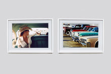 Load image into Gallery viewer, Wendy and Dolls, from Richard Heeps 'Man's Ruin' Series, this is part of a sequence of artworks capturing Wendy at the Rockabilly Weekender, Viva Las Vegas. This cinematic portrait of Wendy captures her in the back seat of her classic American Oldsmobile.