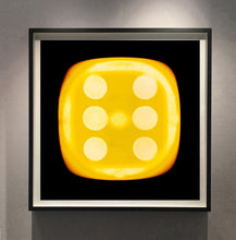Load image into Gallery viewer, 'Yellow Six', from Heidler &amp; Heeps Dice Series, a yellow dice suspended on a black background.