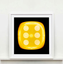 Load image into Gallery viewer, 'Yellow Six', from Heidler &amp; Heeps Dice Series, a yellow dice suspended on a black background.