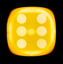 Load image into Gallery viewer, 'Yellow Six', from Heidler &amp; Heeps Dice Series, a yellow dice suspended on a black background.