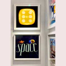 Load image into Gallery viewer, 'Yellow Six', from Heidler &amp; Heeps Dice Series, a yellow dice suspended on a black background.
