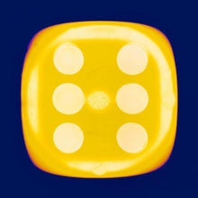 Load image into Gallery viewer, From Heidler &amp; Heeps Dice Series, a yellow dice suspended on an inky blue background.