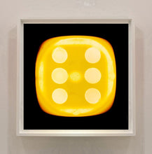 Load image into Gallery viewer, 'Yellow Six', from Heidler &amp; Heeps Dice Series, a yellow dice suspended on a black background.