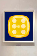 Load image into Gallery viewer, From Heidler &amp; Heeps Dice Series, a yellow dice suspended on an inky blue background.