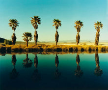 Load image into Gallery viewer, Plam trees stand tall against ombre skies in shades of blue and green in 'Zzyzx Resort Pool II', taken in Soda Dry Lake, California. This artwork was taken on a road trip from LA to Las Vegas. This photograph was taken on negative in 2002 but only executed in Richard's darkroom for the first time in 2017.