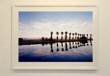 Load image into Gallery viewer, Zzyzx Resort Pool, part of Richard Heeps 'Dream in Colour' Series, he was set a challenge to find something interesting on the road from LA to Las Vegas. In the heart of the Mojave Desert, Richard found the former spa Zzyzx, an oasis. This dreamy artwork keeps the perfect summery palm print vibe all year round.